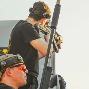 Taking cover during a game of tactical laser tag